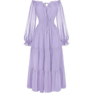 image:imageScarlet Darkness Women Renaissance Off Shoulder Split Sleeve Smocked Waist Tiered Maxi DressLight Purple