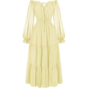 image:imageScarlet Darkness Women Renaissance Off Shoulder Split Sleeve Smocked Waist Tiered Maxi DressLight Yellow