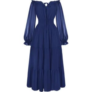 image:imageScarlet Darkness Women Renaissance Off Shoulder Split Sleeve Smocked Waist Tiered Maxi DressNavy Blue
