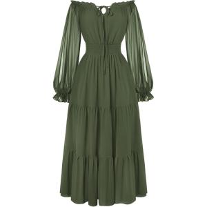 image:imageScarlet Darkness Women Renaissance Off Shoulder Split Sleeve Smocked Waist Tiered Maxi DressOlive Green