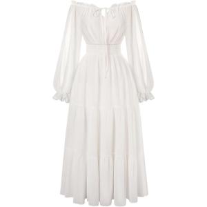 image:imageScarlet Darkness Women Renaissance Off Shoulder Split Sleeve Smocked Waist Tiered Maxi DressWhite