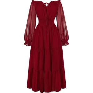 image:imageScarlet Darkness Women Renaissance Off Shoulder Split Sleeve Smocked Waist Tiered Maxi DressWine