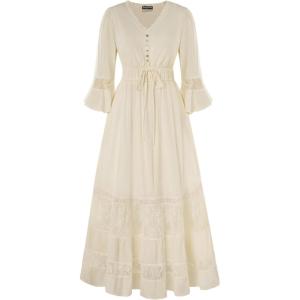 image:imageScarlet Darkness Womens Peasant Renaissance Dresses 34 Sleeve V Neck Casual Boho Maxi Dress with PocketsApricot