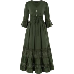 image:imageScarlet Darkness Womens Peasant Renaissance Dresses 34 Sleeve V Neck Casual Boho Maxi Dress with PocketsOlive Green