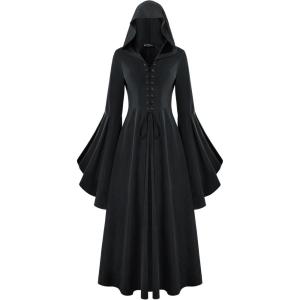 image:imageScarlet Darkness Womens Renaissance Costume Medieval Hooded Pirate Bell Sleeve Peasant Dress with PocketsBlack
