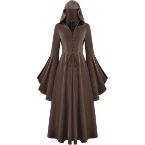 image:imageScarlet Darkness Womens Renaissance Costume Medieval Hooded Pirate Bell Sleeve Peasant Dress with PocketsBrown