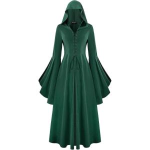 image:imageScarlet Darkness Womens Renaissance Costume Medieval Hooded Pirate Bell Sleeve Peasant Dress with PocketsGreen