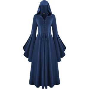image:imageScarlet Darkness Womens Renaissance Costume Medieval Hooded Pirate Bell Sleeve Peasant Dress with PocketsNavy Blue