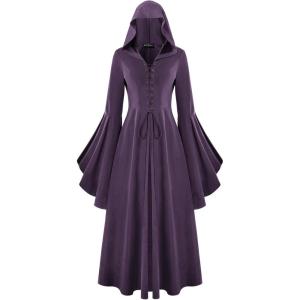 image:imageScarlet Darkness Womens Renaissance Costume Medieval Hooded Pirate Bell Sleeve Peasant Dress with PocketsPurple