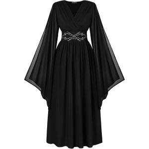 image:imageScarlet Darkness Womens Renaissance Costume Wrap V Neck Medieval Dress Split Bell Sleeve Embroidery Fairy DressesBlack
