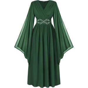 image:imageScarlet Darkness Womens Renaissance Costume Wrap V Neck Medieval Dress Split Bell Sleeve Embroidery Fairy DressesDark Green