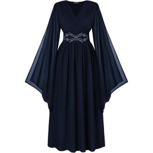 image:imageScarlet Darkness Womens Renaissance Costume Wrap V Neck Medieval Dress Split Bell Sleeve Embroidery Fairy DressesNavy Blue