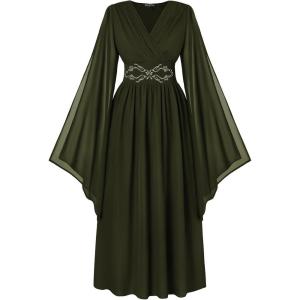 image:imageScarlet Darkness Womens Renaissance Costume Wrap V Neck Medieval Dress Split Bell Sleeve Embroidery Fairy DressesOlive Green
