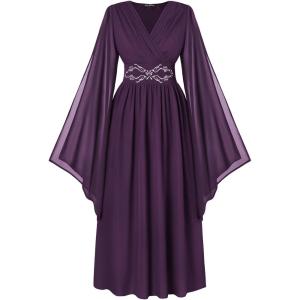 image:imageScarlet Darkness Womens Renaissance Costume Wrap V Neck Medieval Dress Split Bell Sleeve Embroidery Fairy DressesPurple