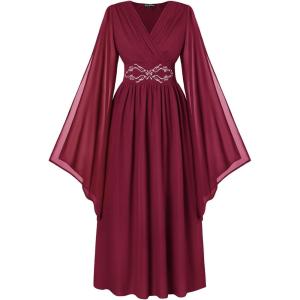 image:imageScarlet Darkness Womens Renaissance Costume Wrap V Neck Medieval Dress Split Bell Sleeve Embroidery Fairy DressesWine Red