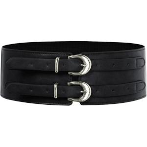 image:imageScarlet Darkness Womens Wide Elastic Belt for Dress Stretchy Corset Belt Double Gold Buckle Waist BeltBlack With Silver Buckle