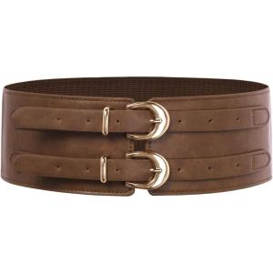 image:imageScarlet Darkness Womens Wide Elastic Belt for Dress Stretchy Corset Belt Double Gold Buckle Waist BeltBrown