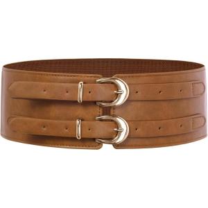 image:imageScarlet Darkness Womens Wide Elastic Belt for Dress Stretchy Corset Belt Double Gold Buckle Waist BeltBrown Orange