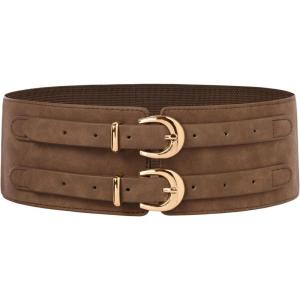 image:imageScarlet Darkness Womens Wide Elastic Belt for Dress Stretchy Corset Belt Double Gold Buckle Waist BeltSuede Brown