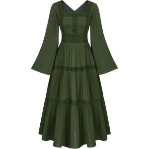 image:imageWomen Renaissance Dress Square Neck Long Bell Sleeves Lace Tiered Peasant Dresses Pirate Party Dress Green L