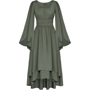 image:imageScarlet Darkness Women Renaissance Costume Split Bell Sleeve Double Layered High Low DressGray Green