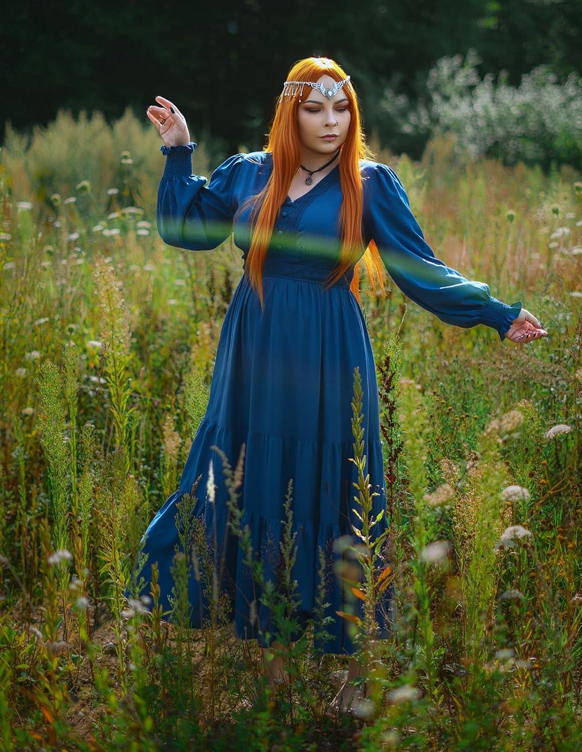 image:imageRenaissance Dress Women Peasant Cottagecore Medieval Costume for Party Dark Blue L