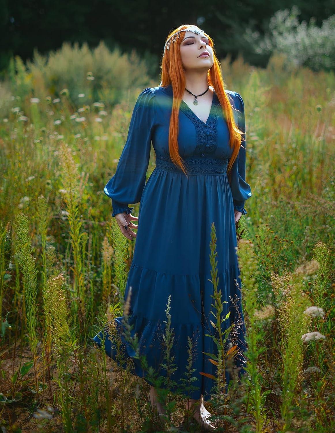 image:imageRenaissance Dress Women Peasant Cottagecore Medieval Costume for Party Dark Blue L