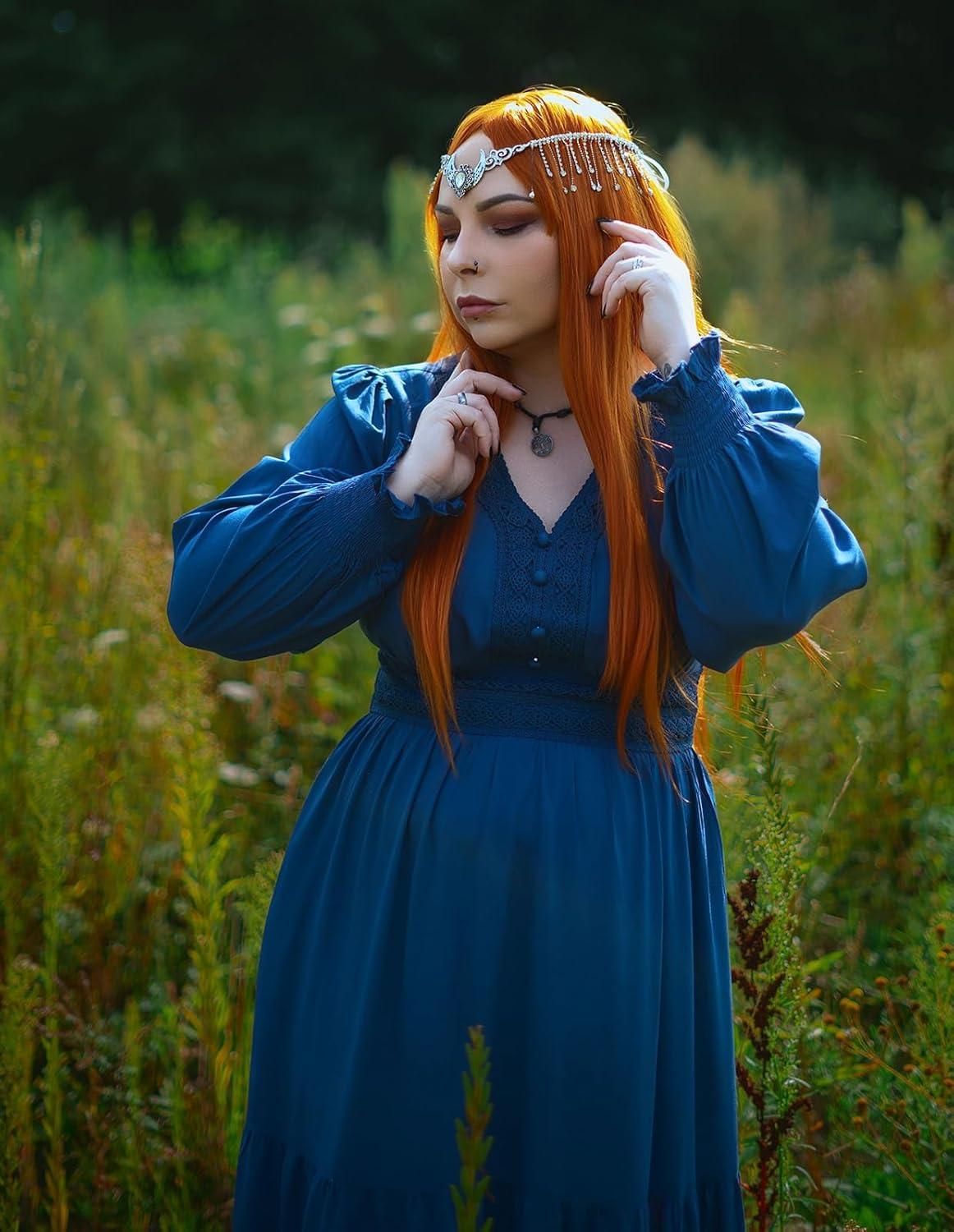 image:imageRenaissance Dress Women Peasant Cottagecore Medieval Costume for Party Dark Blue L
