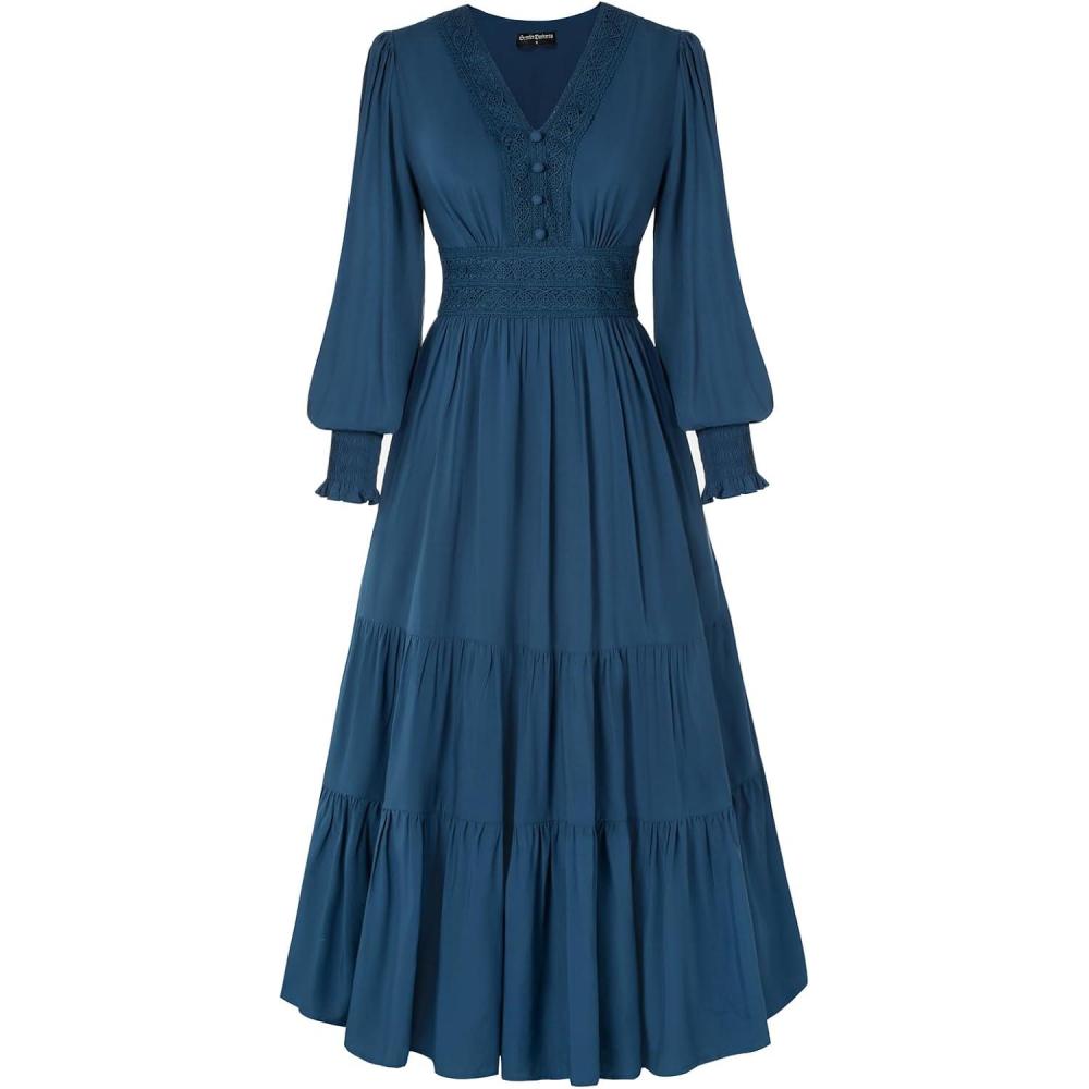 image:imageRenaissance Dress Women Peasant Cottagecore Medieval Costume for Party Dark Blue L