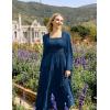 image:imageRenaissance Dress Women Medieval Costume Fairy Dress Bell Sleeves Square Neck Lace Tiered Long Flowy Dress Navy Blue S