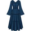 image:imageRenaissance Dress Women Medieval Costume Fairy Dress Bell Sleeves Square Neck Lace Tiered Long Flowy Dress Navy Blue S