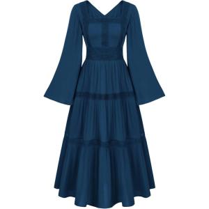 image:imageRenaissance Dress Women Medieval Costume Fairy Dress Bell Sleeves Square Neck Lace Tiered Long Flowy Dress Navy Blue S