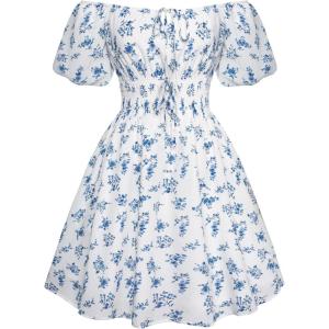 image:imageScarlet Darkness Floral Summer Sun Dress for Women Floral Puff Sleeve Cottagecore Dress White Blue Floral L