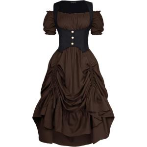 image:imageScarlet Darkness Renaissance Costume Women Steampunk Pirate Corset Dress Medieval Ren Faire Off Shoulder Dress SetBrown