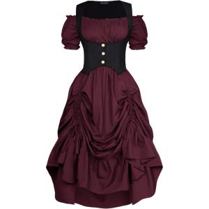 image:imageScarlet Darkness Renaissance Costume Women Steampunk Pirate Corset Dress Medieval Ren Faire Off Shoulder Dress SetWine Red