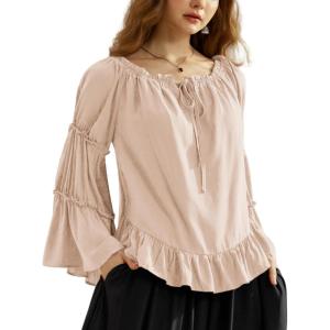 image:imageScarlet Darkness Women Bell Sleeve Tops Ruffle Off Shoulder Casual Loose Renaissance Peasant BlouseAlmond Nude