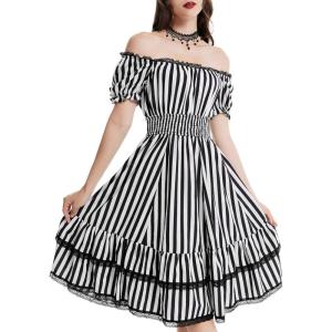 image:imageSCARLET DARKNESS Gothic Pirate Corset Dress for Women Summer Vintage Square Neck Renaissance DressesBlack and White Stripe