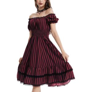 image:imageSCARLET DARKNESS Gothic Pirate Corset Dress for Women Summer Vintage Square Neck Renaissance DressesRed Black Stripe