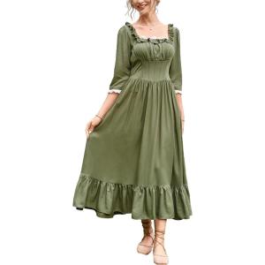 image:imageColonial Pioneer Dress Ruffle Ruched Victorian Dress Square Neck Flowy Long Dress Green XXLarge