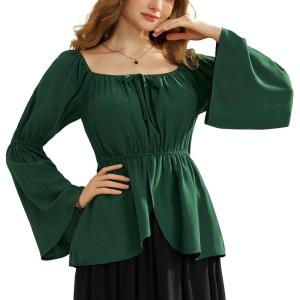 image:imageSCARLET DARKNESS Womens 2024 Renaissance Shirt Off Shoulder Bell Sleeve Loose Fit Peasant Tops Dark Green S