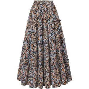 image:imageScarlet Darkness Floral Maxi Long Skirts for Women Summer 2026 Tiered Skirt Flowy Boho Fairy Skirt with PocketsBlack Multi Floral
