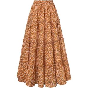 image:imageScarlet Darkness Floral Maxi Long Skirts for Women Summer 2026 Tiered Skirt Flowy Boho Fairy Skirt with PocketsMustard Yellow Floral