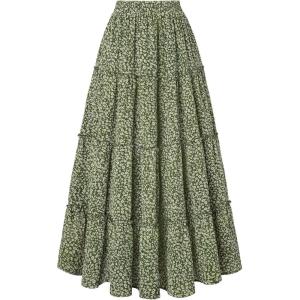 image:imageScarlet Darkness Floral Maxi Long Skirts for Women Summer 2026 Tiered Skirt Flowy Boho Fairy Skirt with PocketsSage Green Floral