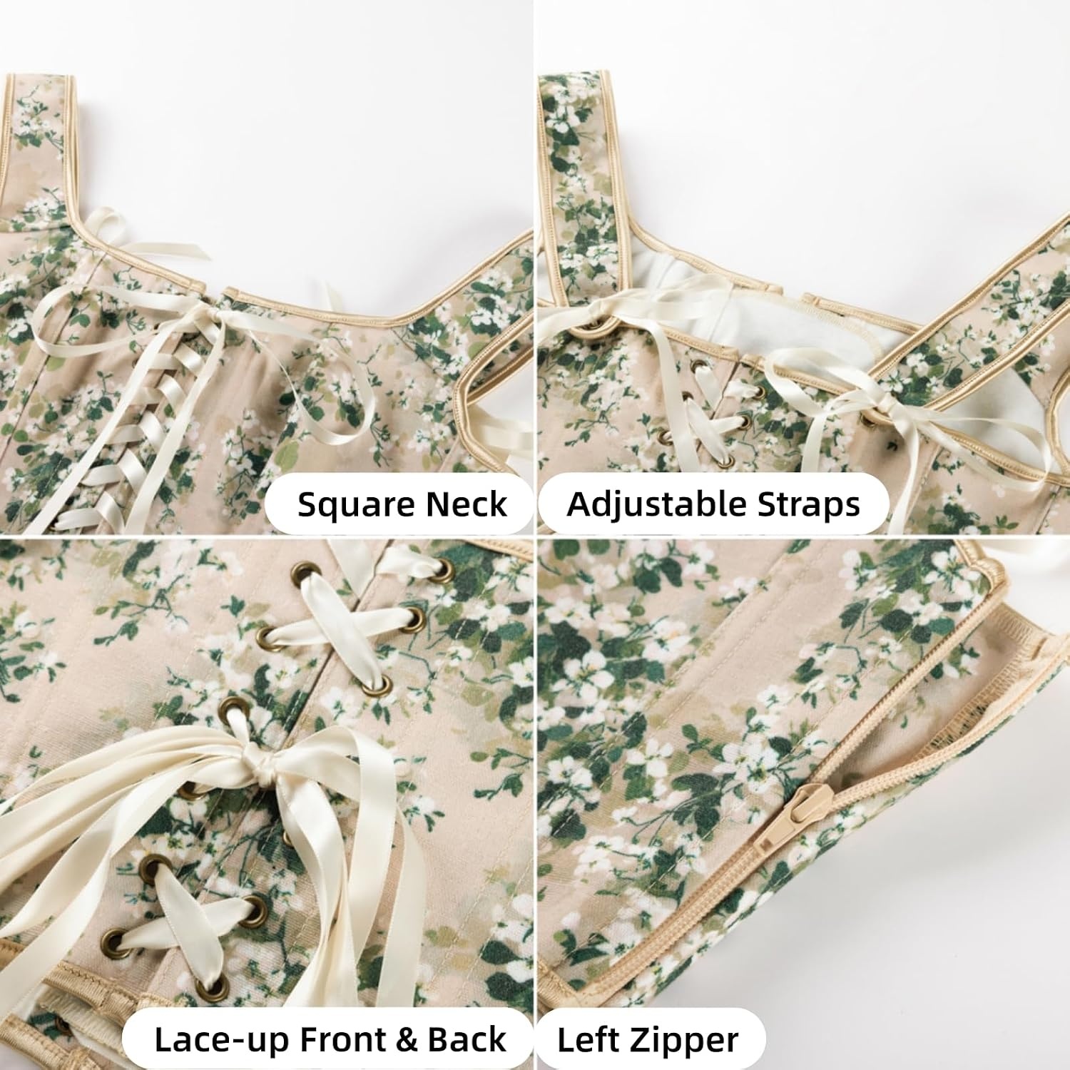 image:imageScarlet Darkness Renaissance Corset Top for Women Medieval Boned Floral Overbust Corsets Pirate Fairy Costume Size 618Beige Green Floral