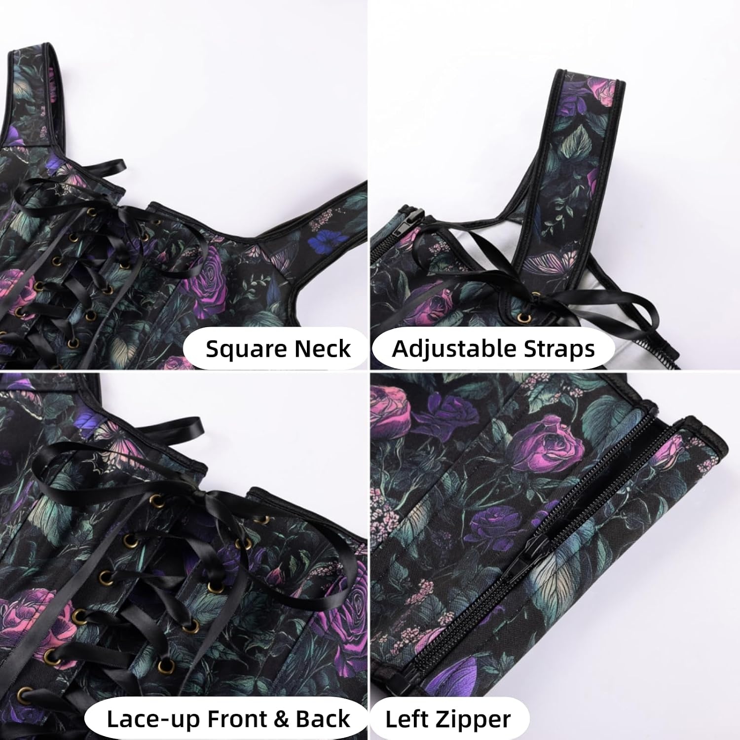 image:imageScarlet Darkness Renaissance Corset Top for Women Medieval Boned Floral Overbust Corsets Pirate Fairy Costume Size 618Black Purple Floral