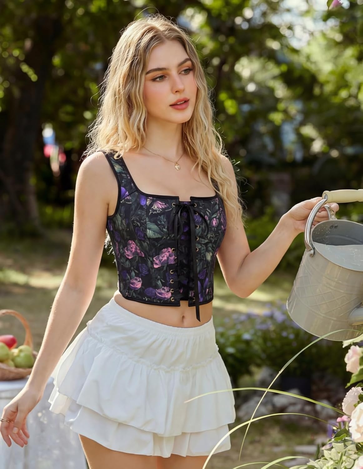 image:imageScarlet Darkness Renaissance Corset Top for Women Medieval Boned Floral Overbust Corsets Pirate Fairy Costume Size 618Black Purple Floral