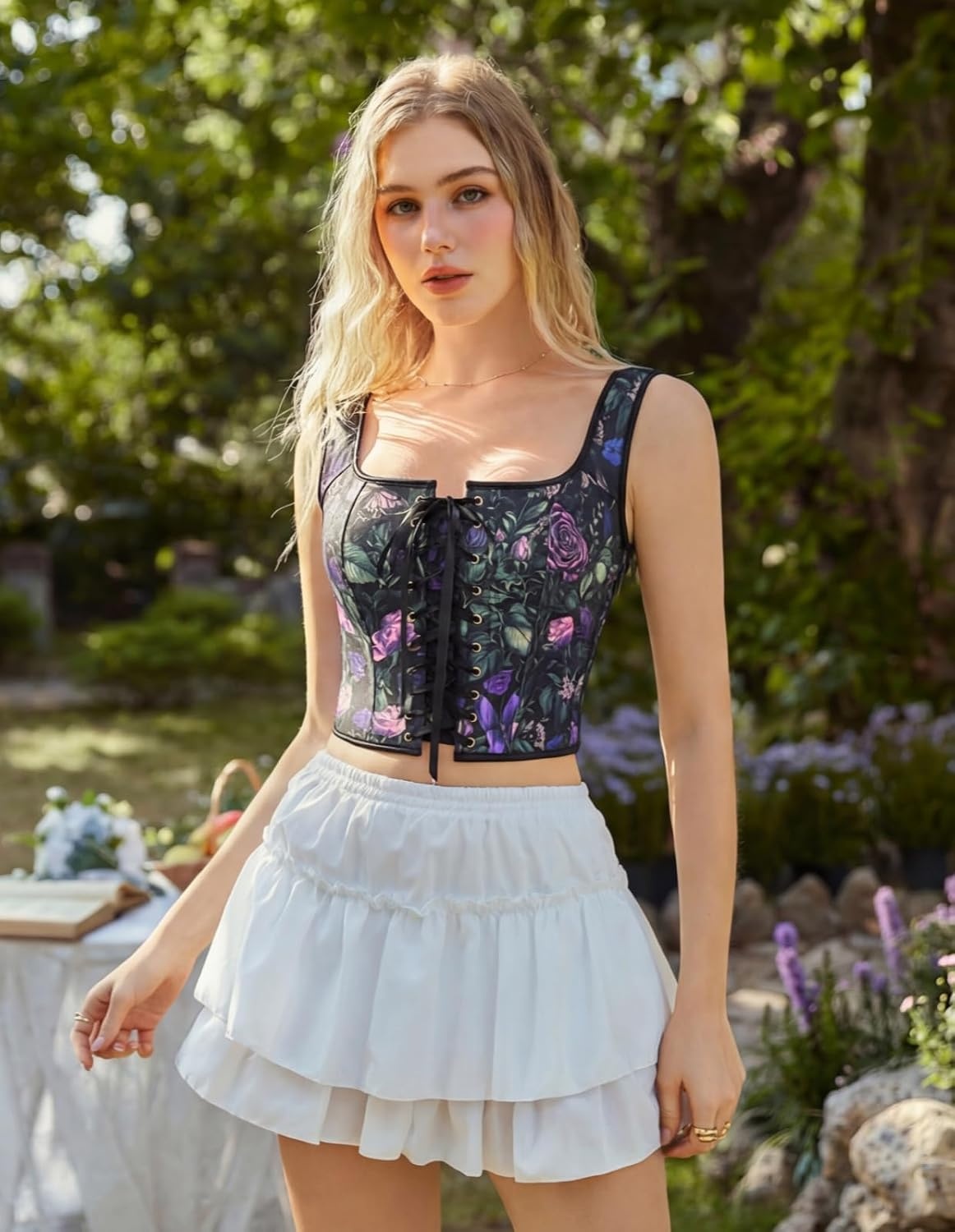 image:imageScarlet Darkness Renaissance Corset Top for Women Medieval Boned Floral Overbust Corsets Pirate Fairy Costume Size 618Black Purple Floral