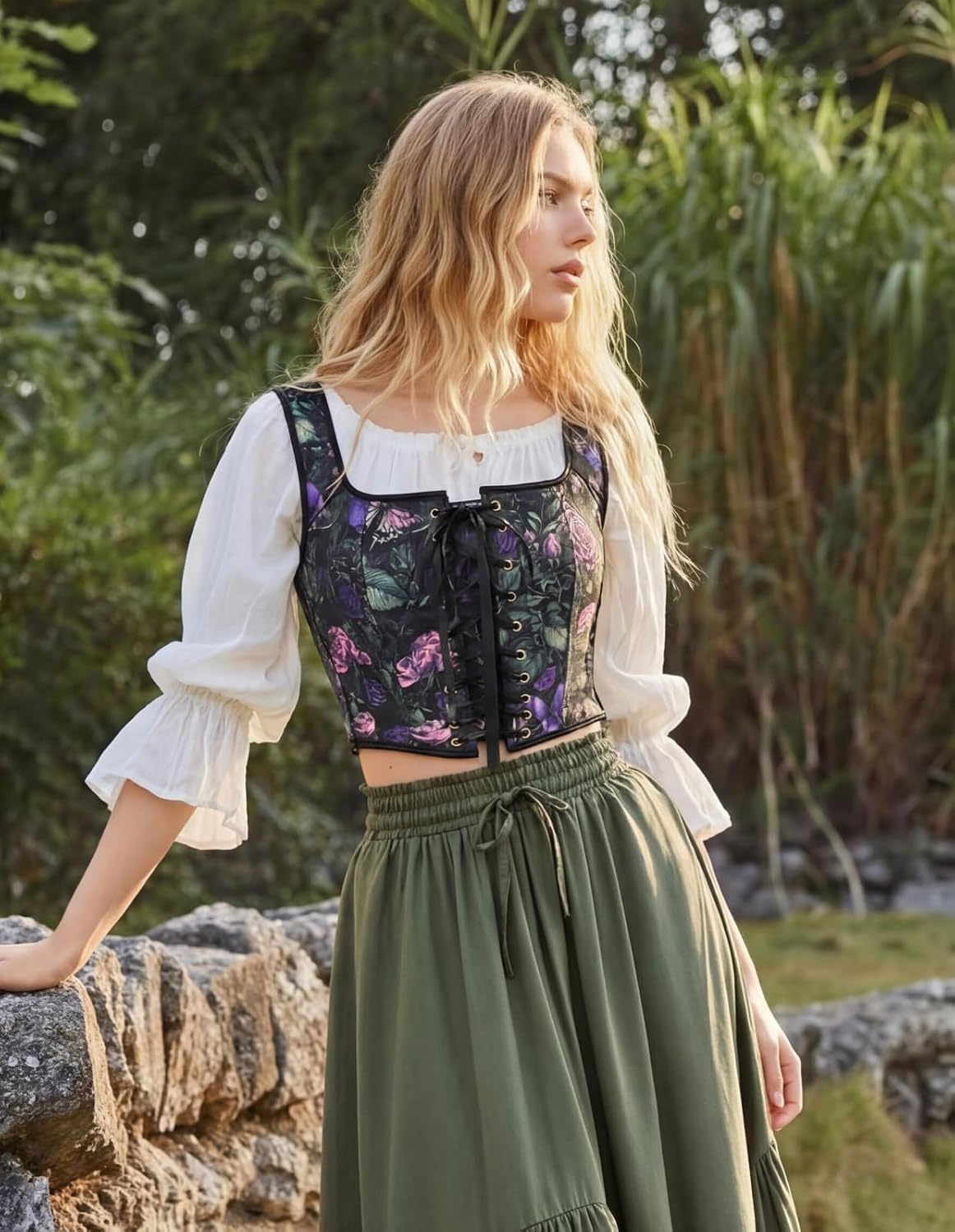 image:imageScarlet Darkness Renaissance Corset Top for Women Medieval Boned Floral Overbust Corsets Pirate Fairy Costume Size 618Black Purple Floral