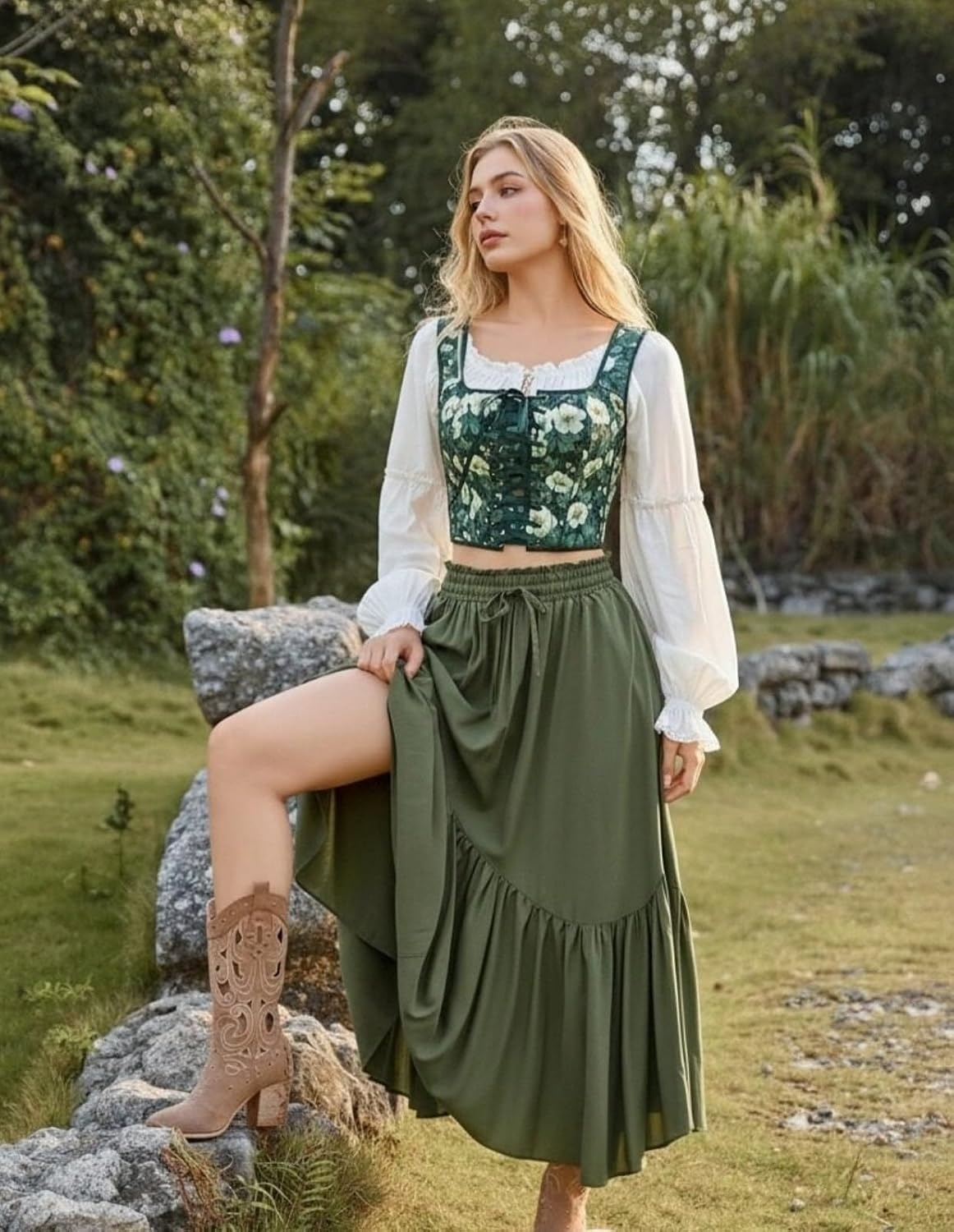 image:imageScarlet Darkness Renaissance Corset Top for Women Medieval Boned Floral Overbust Corsets Pirate Fairy Costume Size 618Green White Floral