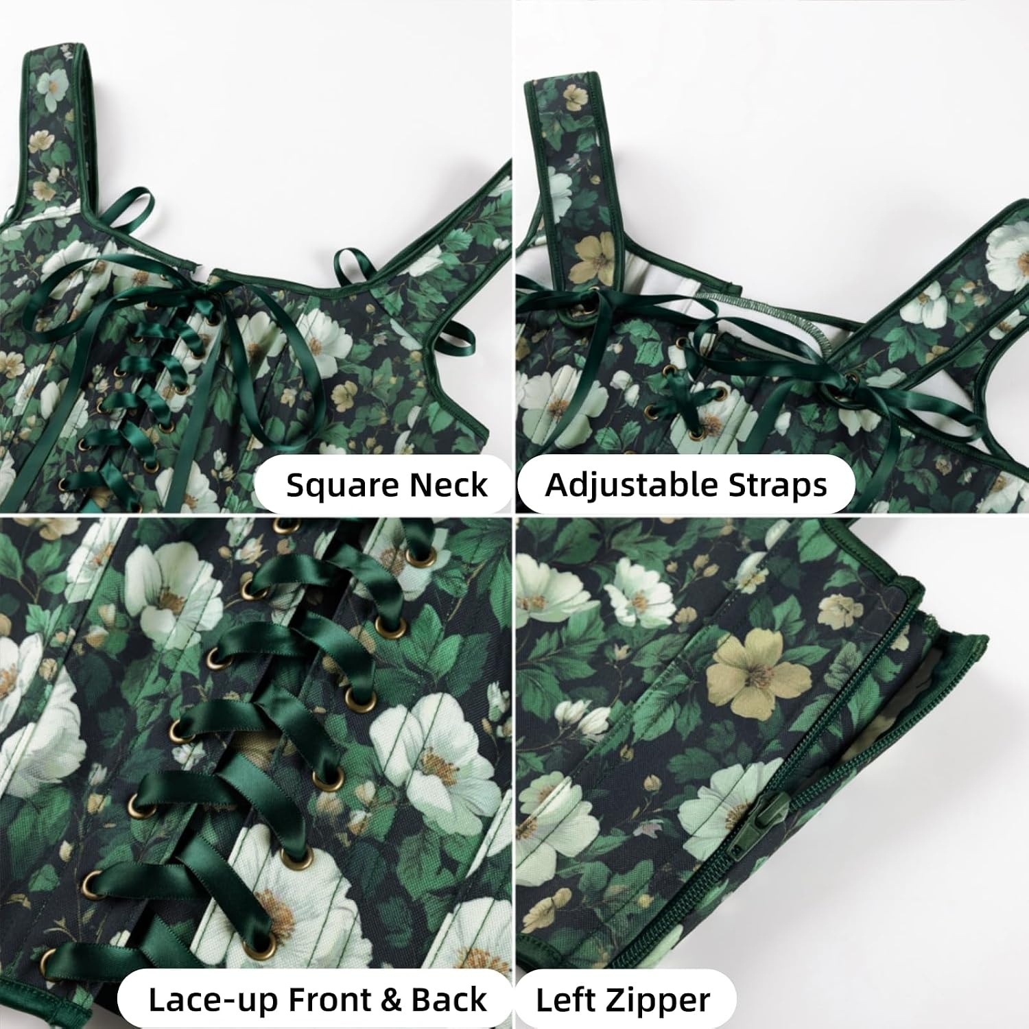 image:imageScarlet Darkness Renaissance Corset Top for Women Medieval Boned Floral Overbust Corsets Pirate Fairy Costume Size 618Green White Floral